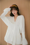 Elegant Women Loose White V-Neck Pleated Shirts Female Lantern Full Sleeve Tops Blouses Casual Blusas 2024 Spring Summer DS4