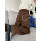 Brown Women's Jeans High Waist Vintage Straight Baggy Denim Pants Streetwear Heart Pattern Design Fashion Wide Leg Denim Trouser