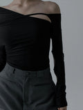 Streetwear Off Shoulder Hollow Out Tees Solid Vintage Casual All Match Crop Top Long Sleeve Slim Women Chic T-shirts Fashion Y2k