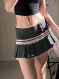 Contrast Lace Bow Stripe Y2K Mini Pleated Skirt Women Button Up Low Waist A Line Cute Kawaii Sweet Ballet Preppy Skirts