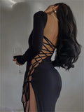 Bandage Dress Women Autumn Long Sleeve O-Neck Sexy Split Maxi Dresses Black Elegant Ladies Lace Up Bodycon Vestidos