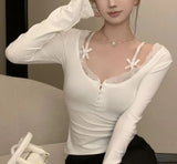 Hotsweet T-shirts Women Sexy Slim Lace Bow Chic Long Sleeve New Fashion Autumn Ladies Clothing All-match Korean Style Inside