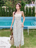 Vintage Summer Party Midi Elegant Dress Women French Hepburnesque Sexy Design High Waist Casual Sleeveless Chiffon Sweet Dress