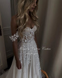 Glitter Lace Appliques Wedding Dresses Off the Shoulder Sweetheart A-Line Beach Bride Dress Bridal Gowns