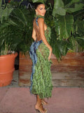 Women New Y2K Maxi Dresses Halter Green Elegant Hollow Out Patchwork Lace-up Vacation Holiday Backless Chic Dress 2023