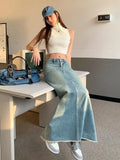 New Autumn Women's Blue Pocket Denim Long Skirts Vintage High Wasit Jeans Skirt Straight A-line Wrapped Hips Pencil Skirt Female