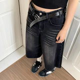 Black Y2k Style Baggy Denim Shorts Women Wide Leg Short Pants Fashion High Waisted Dark Wash Knee Length Jeans Female Casual