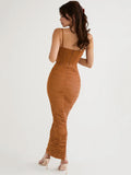 Mozision Elegant Corset Ruched Maxi Dress Women Fashion Spaghetti Strap Sleeveless Backless Zipper Long Dress Vestido