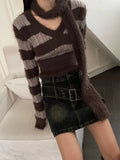 Autumn Winter Woman Korean Fashion V-neck Striped Pullovers Cropped Sweaters Dark Academia Jerseys Y2k Knitwears Gyaru Jumper