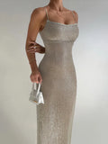 Spaghetti Strap Sparkle Maxi Dress Women Glitter Elegant Split Sleeveless Long Dress Fashion Sexy Party Club Dress