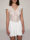 Sexy Elegant Lace Splice See Through Folds Dress For Women V Neck Short Sleeve Mini White Bodycon Dresses Party Putfits