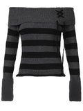 Off Shoulder Slim Knitted Stripe Jumper Women Lace-Up Slash Neck Long Sleeve Sweater Tee Korean Fashion Street Knittwear