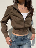 Brown Zip Up Stand Collar Pockets Long Sleeve Cargo Jackets Women Vintage Casual Streetwear