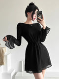 Backless Black Dress Women Elegant Back Hollow Out Lace-up Long Sleeve Mesh Sheer Sexy A-line Mini Dress Evening Party