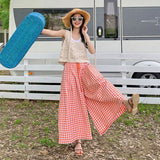 Retro Plaid Wide Leg Pants Women Streetwear High Waist Drawstring Loose Casual Trousers Summer Korean All Match Skirt Pant