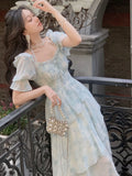 French Chiffon Print Midi Dress for Women New Summer Elegent Party Blue Floral Vestidos Holiday Vintage Female Clothes