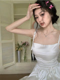 Deeptown Korean Style One Piece White Satin Dress Women Y2k Fairycore Prom Gown Tunic Pleated Slip Mini Princess Dresses Summer