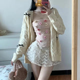 Kawail Hollow Out Knitted Cardigan Bow Knot Sweater Japanese Fashion Women Aesthetic Knitwear Spring Cute Sweet Preppy