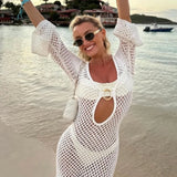 Knit Maxi Beach Dress Women Sexy Split Hollow Out Bikini Cover Up Dress Summer White Long Sleeve Holiday Outfits