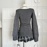 French Retro Elegant Y2k 3 Piece Sets Women Vintage Solid Long Sleeve Sweater + Lace Casual Vest + Plaid Chic Skirt Autumn