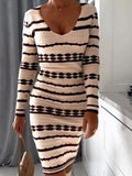 Striped Knit Dress Women Knee Length Skinny Long Sleeve Casual Striped Sweater Dresses Women Warm Autumn Winter New