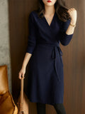 Autumn/Winter Women's V-neck Lace Up Wrap Up Dress New Korean Version Loose and Elegant Commuter Style Knitted Dress
