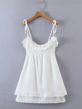 Women Sweet Lace Patchwork White Sling Dress Sleeveless V Neck Female Mini Sexy Dresses