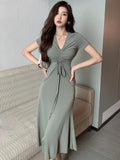 Midi Dresses Women Mature Side-slit Chic Soft Bandage French Style V-neck Summer Temper Aesthetic Fashion Streetwear Vestidos