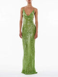 Green Sequin Glitter Backless Maxi Dress For Women Sexy Swing Collar Sleeveless Skinny Long Vestidos Elegant Night Party Robe