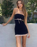 Solid Black Lace Patchwork Mini Dress For Women Summer Hipster Shiny Wrapped Chest Body-shaping Midnight Partywear