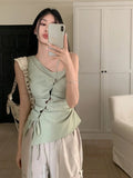 Korean Trendy Solid Bandage Off Shoulder Tanks Hollow Out Y2k Aesthetic Irregular Tank Tops Elegant Fashion Sweet Women Camisole