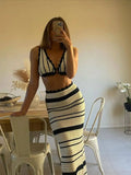 Summer Knitted Beach Skirt Suit Women Sexy Backless Bohemian Outfits Fashion Striped Crop Top Bra 2 Piece Set Beachwear