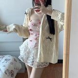 Kawail Hollow Out Knitted Cardigan Bow Knot Sweater Japanese Fashion Women Aesthetic Knitwear Spring Cute Sweet Preppy