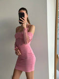 Elegant Off The Shoulder Mesh Dress Sexy Halter Boning Bodycon Birthday Party Dresses Pink Summer Dresses Women