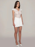 Sexy Elegant Lace Splice See Through Folds Dress For Women V Neck Short Sleeve Mini White Bodycon Dresses Party Putfits