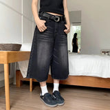 Black Y2k Style Baggy Denim Shorts Women Wide Leg Short Pants Fashion High Waisted Dark Wash Knee Length Jeans Female Casual