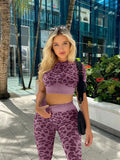 2023 Autumn Hot Selling Leopard High Waist Hip Lift Up Pants Sets For Women Two Pieces Gym Fitness Sets