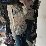 Y2K Hollow Knit Hooded Tops Women Goth Spider Web Spice Girl Mesh Pullovers Female Korean Fashion Fishing Net Sweaters