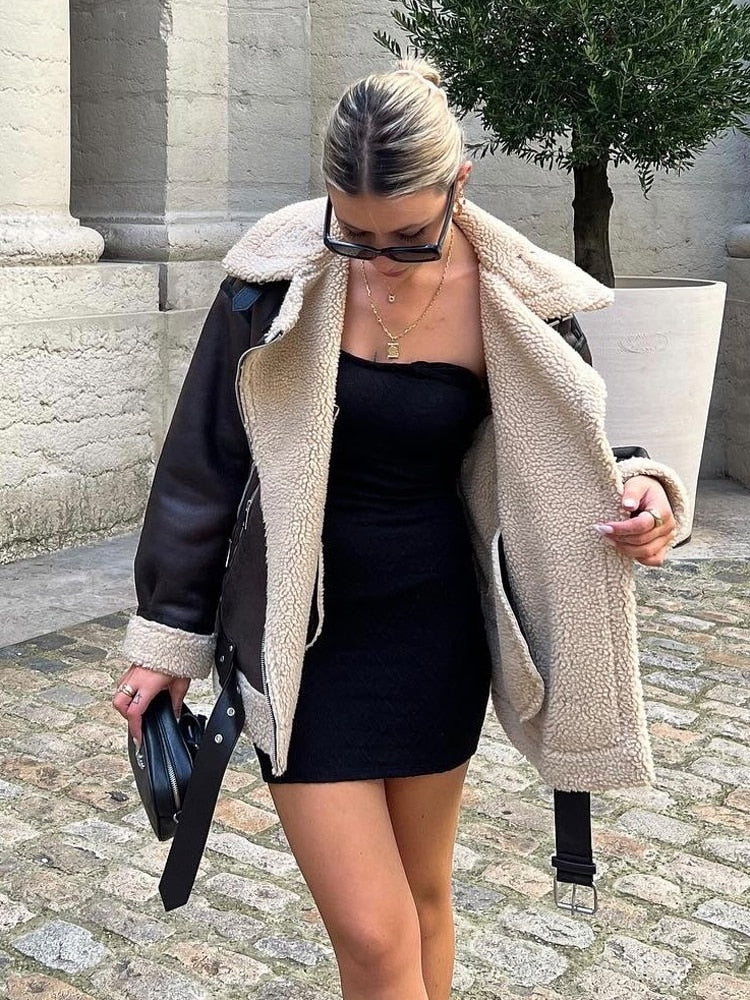 Fashion Faux Fur Jacket with Zipper Women Long Sleeve Double-sided Jackets Warm Coat Female Casual Lapel cold coat