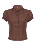 American Retro Preppy Brown Shirts Women Button Up Turn Down Collar Puff Sleeve Shirring Pleated Hem Slim Casual Tops