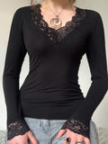 Black Lace Trim V-Neck T-Shirt Women Solid Slim Basic Long Sleeve Top Tees All-Match Autumn New