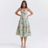 Summer Dress Women Green Lace Up Floral Print Dress Elegant with Boning Casual Party Holiday Dress High Quality