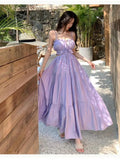 Summer White Vacation Backless Lace-up Fairy Dresses Women Purple Elegant Party Sexy Club Pleated A-line Long Dress Ladies