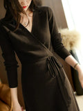 Autumn/Winter Women's V-neck Lace Up Wrap Up Dress New Korean Version Loose and Elegant Commuter Style Knitted Dress