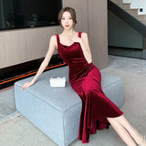 Sexy French Velvet Backless Sleeveless Midi Dresses for Women Autumn Winter Elegant Wedding Party Mermaid Female Clothing