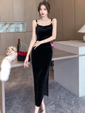 Black Velvet Backless Sexy Sling Slit Long Dress for Women Autumn Winter Elegant Dance Party Dress 2023 Korean Vintage Vestidos