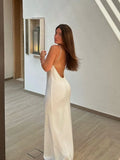 Sexy Backless Satin Maxi Dress For Women Fashion Sleeveless Female Solid Slim Dresses Summer Lady White Beach Holiday Robes