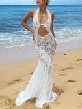 White Lace Printed Maxi Dress For Women Summer Sexy Backless See-Through Patchwork Beach Fashion Dress Female Long Dress