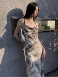 Backless Long Dress Women Bandage Summer Vacation Sexy Slim Tie Dye Vintage Spaghetti Strap Graceful Designed Chinese Style OOTD