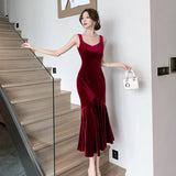 Sexy French Velvet Backless Sleeveless Midi Dresses for Women Autumn Winter Elegant Wedding Party Mermaid Female Clothing